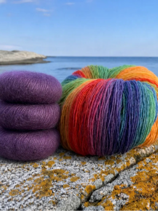 fargespill skjerf, dundaga wool og tynn mohair, garnpakke