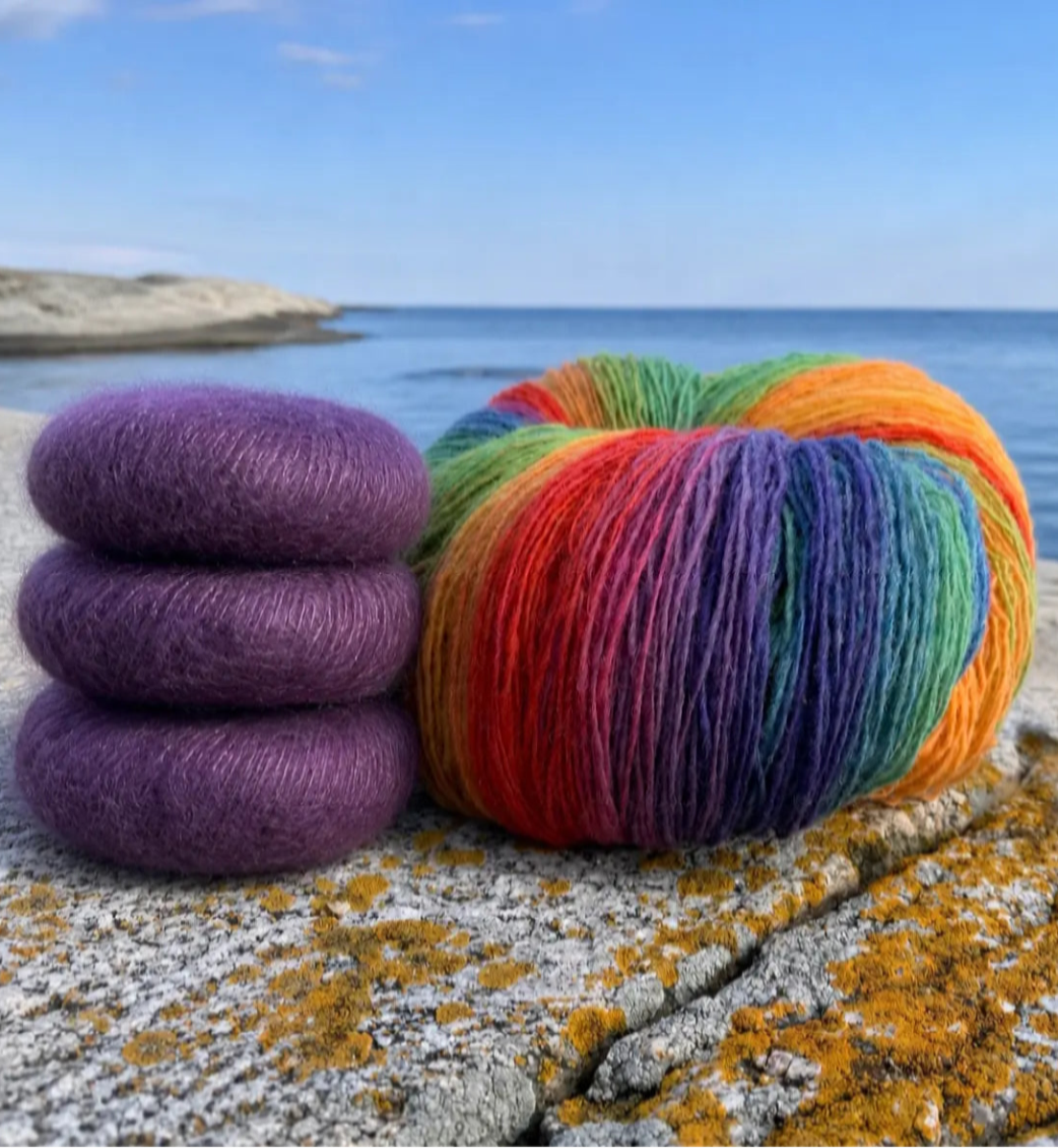 fargespill skjerf, dundaga wool og tynn mohair, garnpakke