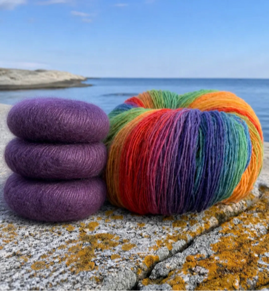 fargespill skjerf, dundaga wool og tynn mohair, garnpakke