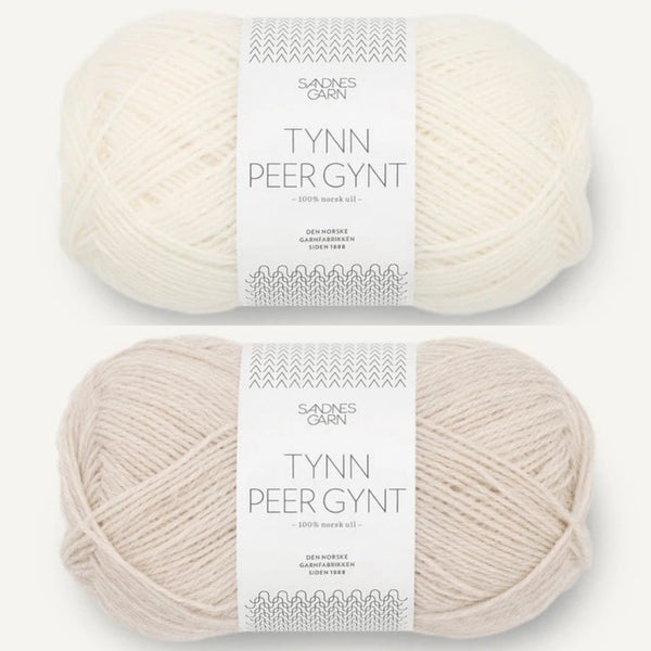 Garn til Terjei genser natur, tynn peer gynt, farge 1002 hvit og farge 2641 naturmelert