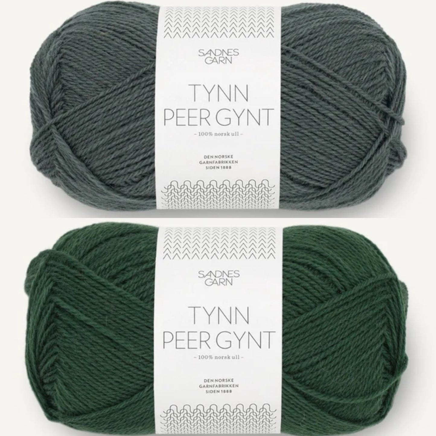 Garn til grønn Terjei genser, tynn peer gynt, farge 8082 skoggrønn og farge 9080 urban chic