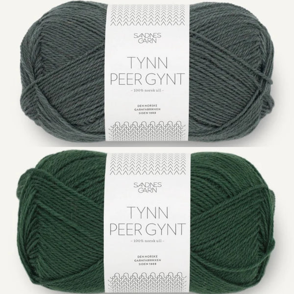 Garn til grønn Terjei genser, tynn peer gynt, farge 8082 skoggrønn og farge 9080 urban chic