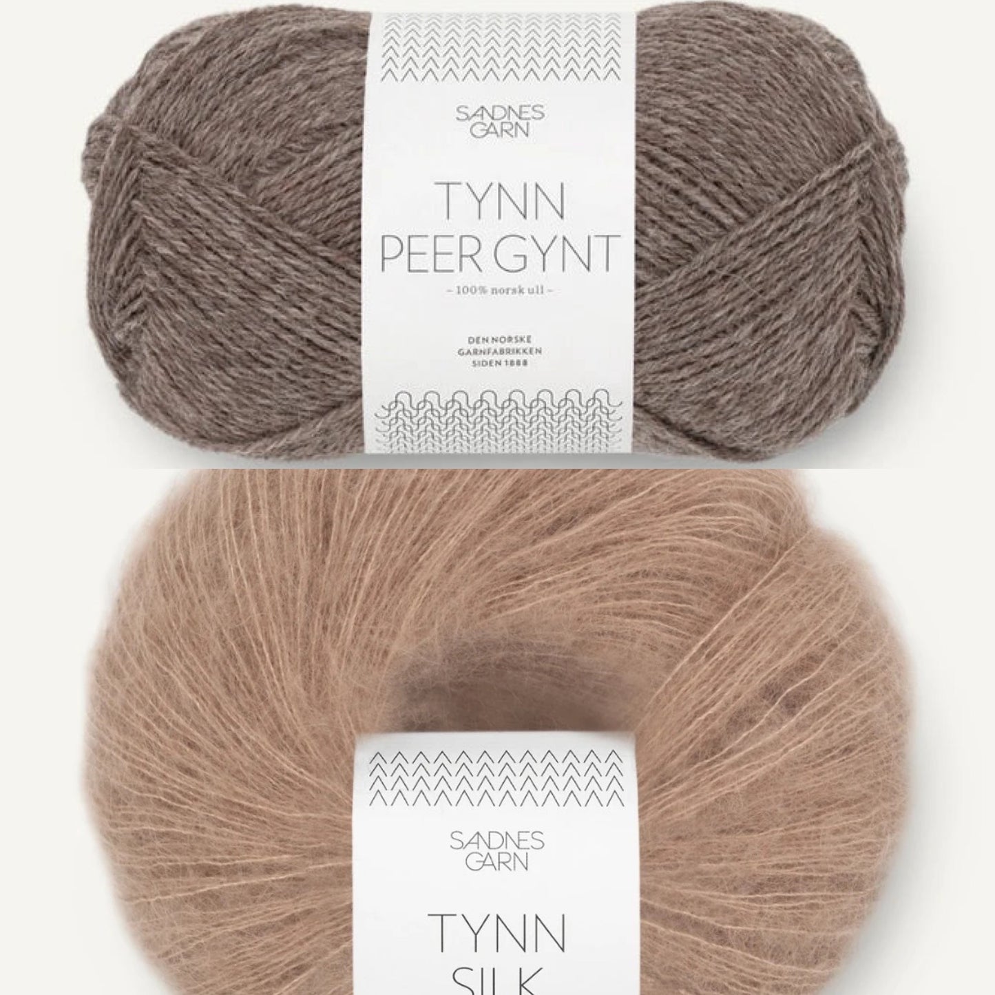 Sandnes garn Tynn Peer Gynt farge 2652 og Tynn Silk Mohair farge 3041, lys eikenøtt
