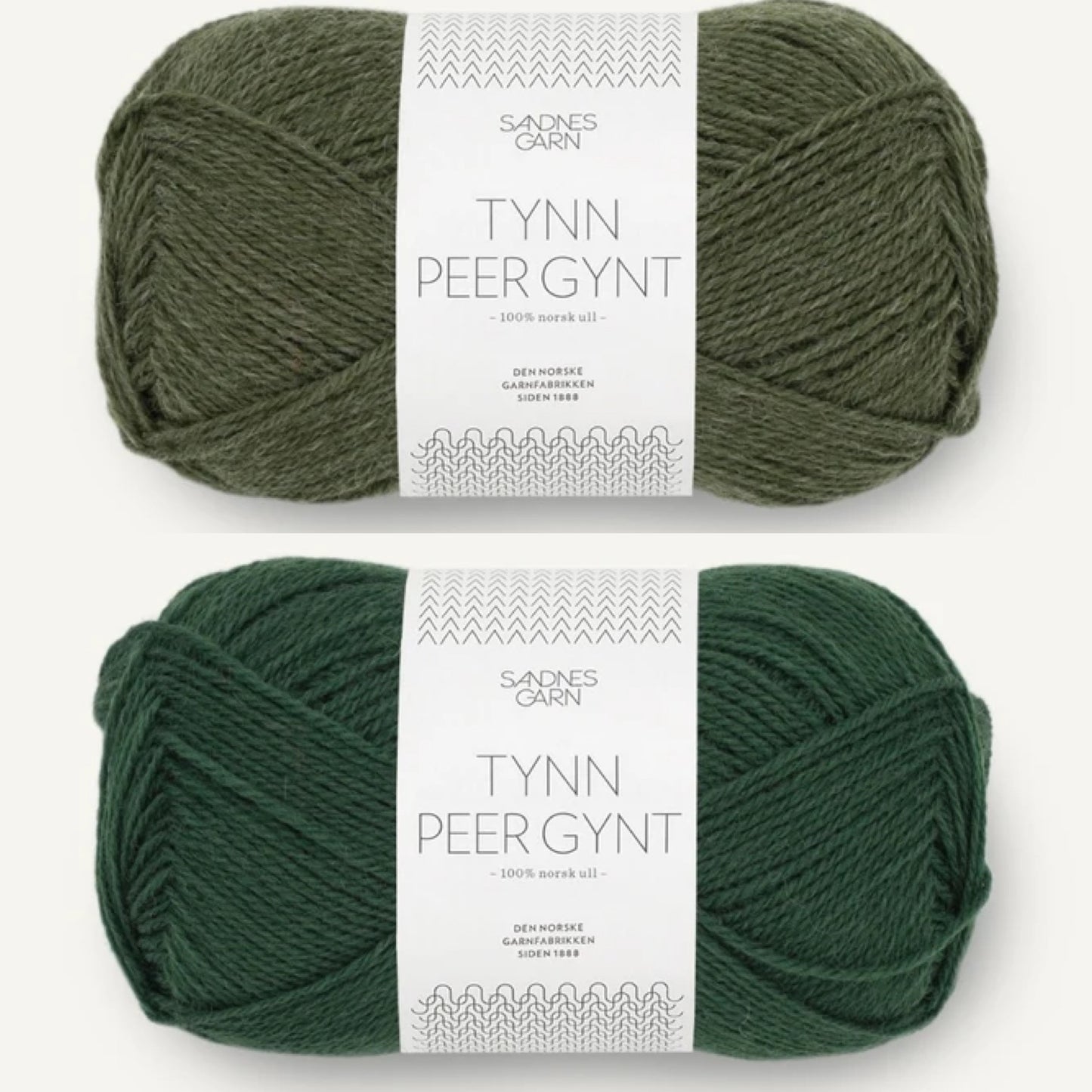 Garn til grønn Tarjei genser, tynn peer gynt, farge 8082 skoggrønn og farge 9572 grønnmelert