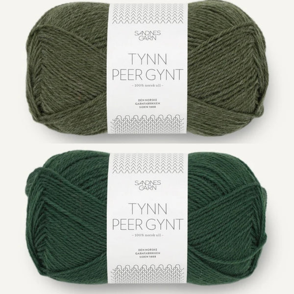 Garn til grønn Tarjei genser, tynn peer gynt, farge 8082 skoggrønn og farge 9572 grønnmelert