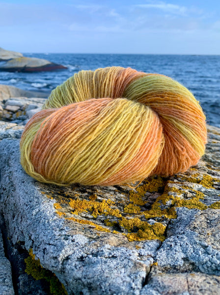 Flerfarget merinoull, gul, orange fargeoverganger, hespe på stannes