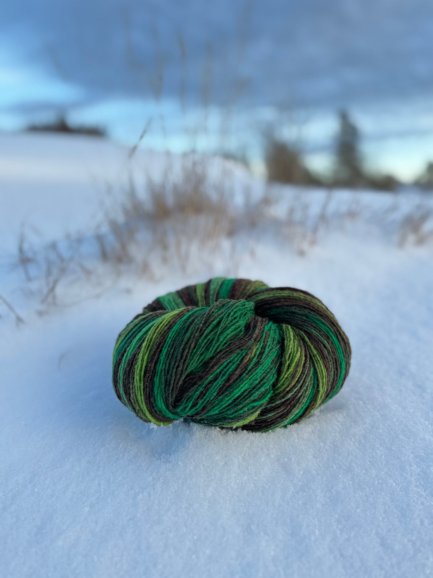 flerfarget ull, hespe i grønne nianser, garn i naturen