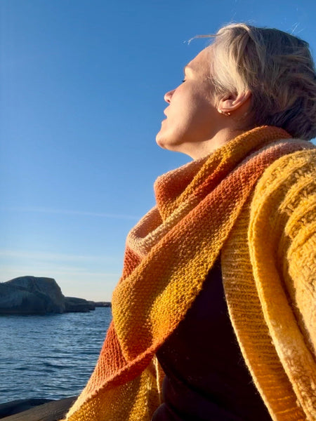 sjal i perlemønster, oppskrift gult, orange